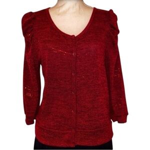 TIMING Vintage Front Button Metallic Sequins Sweater Rich Burgundy Size Large
